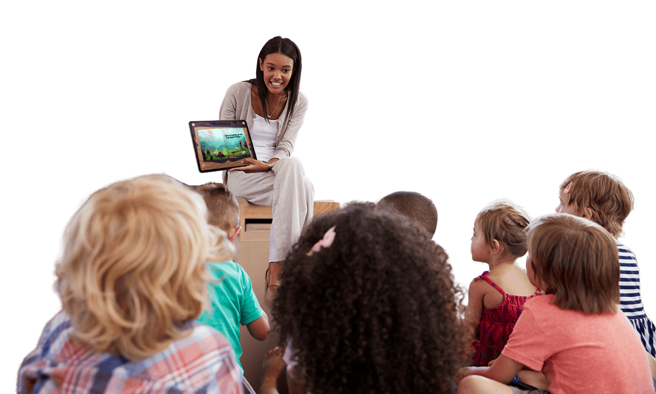 A Teacher showing an interactive book from her tablet using Magic Pags educational application.